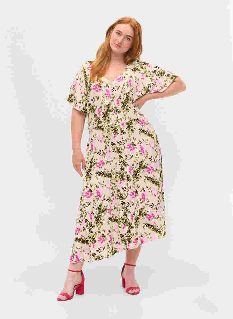 Buttoned down midi dress in viscose, Green Pink AOP, Model