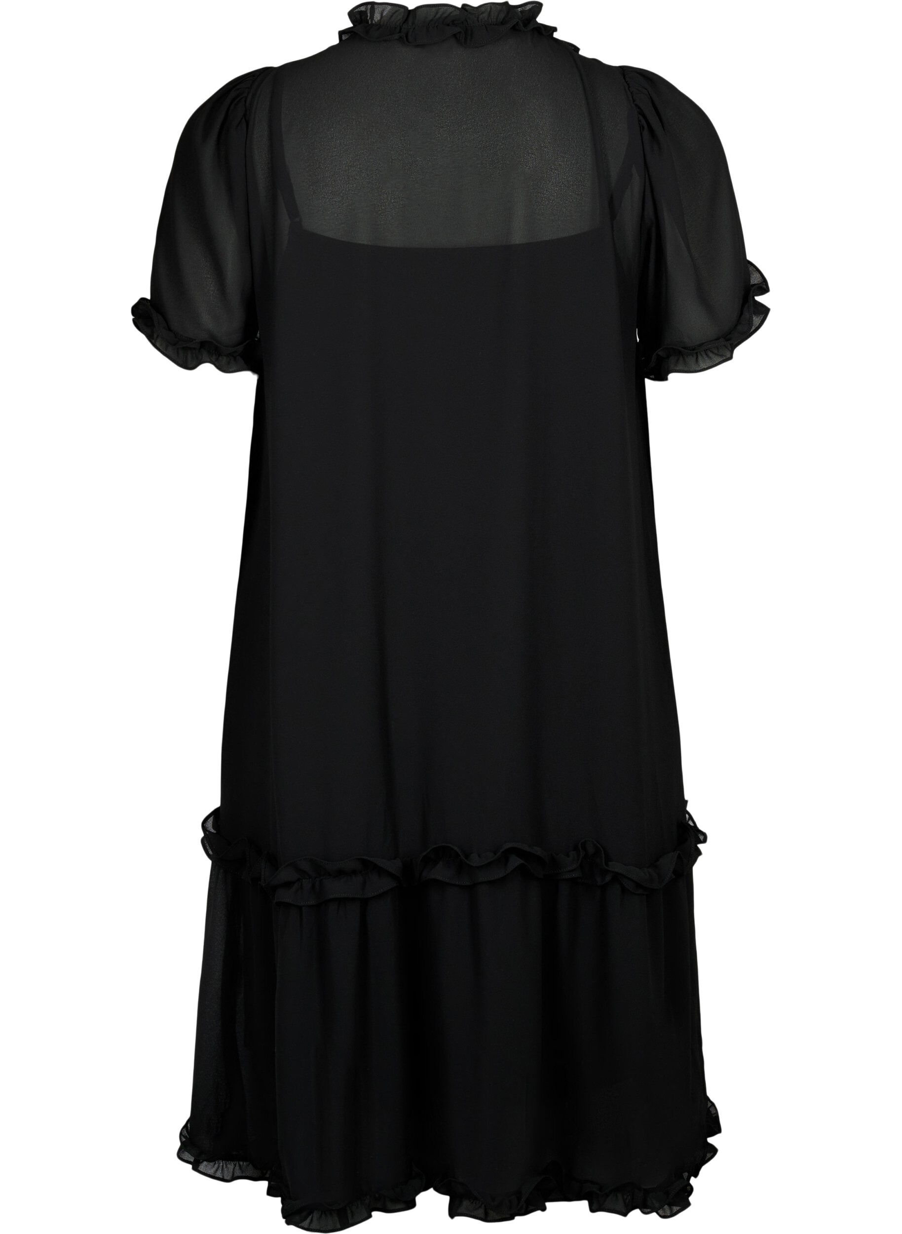 Zizzifashion Chiffon dress with A-cut and ruffle details, Black, Packshot image number 1