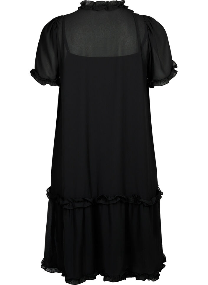 Chiffon dress with A-cut and ruffle details, Black, Packshot image number 1
