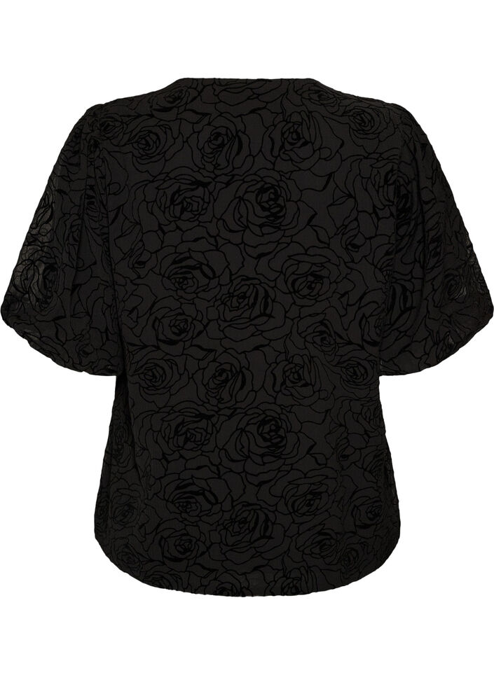 Blouse with floral pattern and balloon sleeves, Black, Packshot image number 1