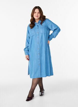 lyocell denim shirt dress Denim dress in lyocell with buttons and short sleeves - Blue - Sz. 40-64