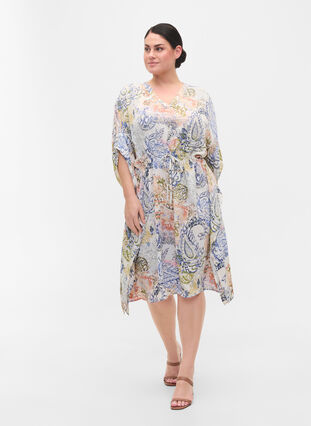 Printed viscose dress with drawstring, White Paisley AOP, Model image number 2