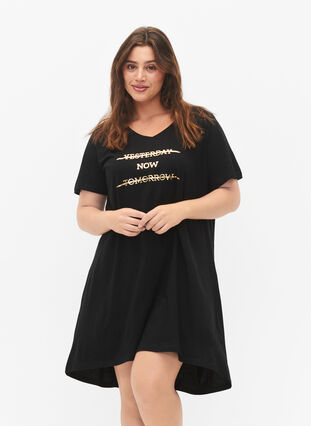 Organic cotton nightdress with V-neck (GOTS), Black W. Yesterday, Model image number 0