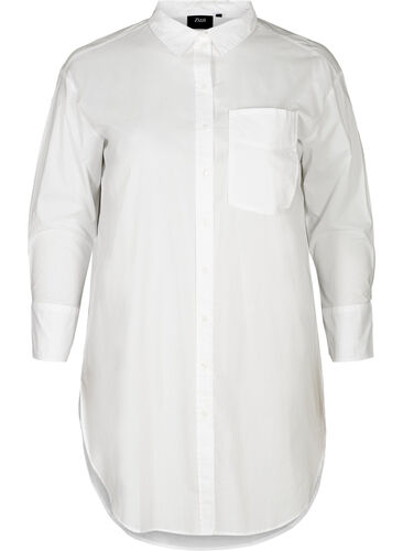 Long cotton shirt with chest pockets, Bright White, Packshot image number 0