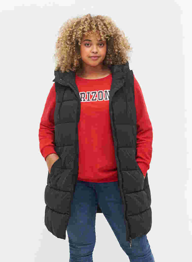 Long vest with hood and pockets, Black, Model