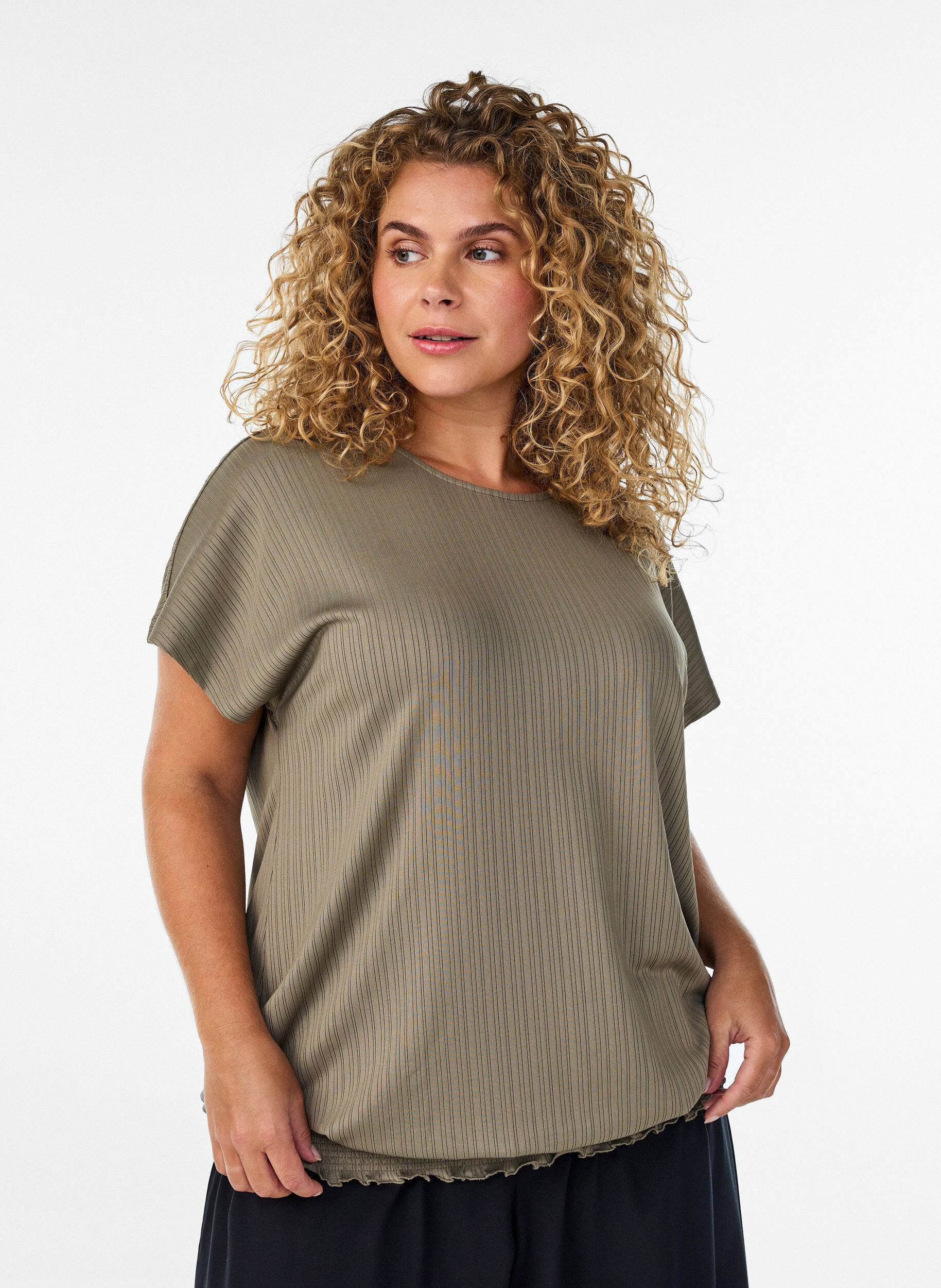 Jersey blouse with textured stripes and a smocked hem, Brown, Model