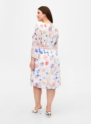 Printed pleated dress with waist tie, White/Blue Floral, Model image number 1