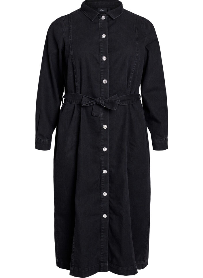 Denim midi dress with a belt and decorative buttons, Black, Packshot image number 0