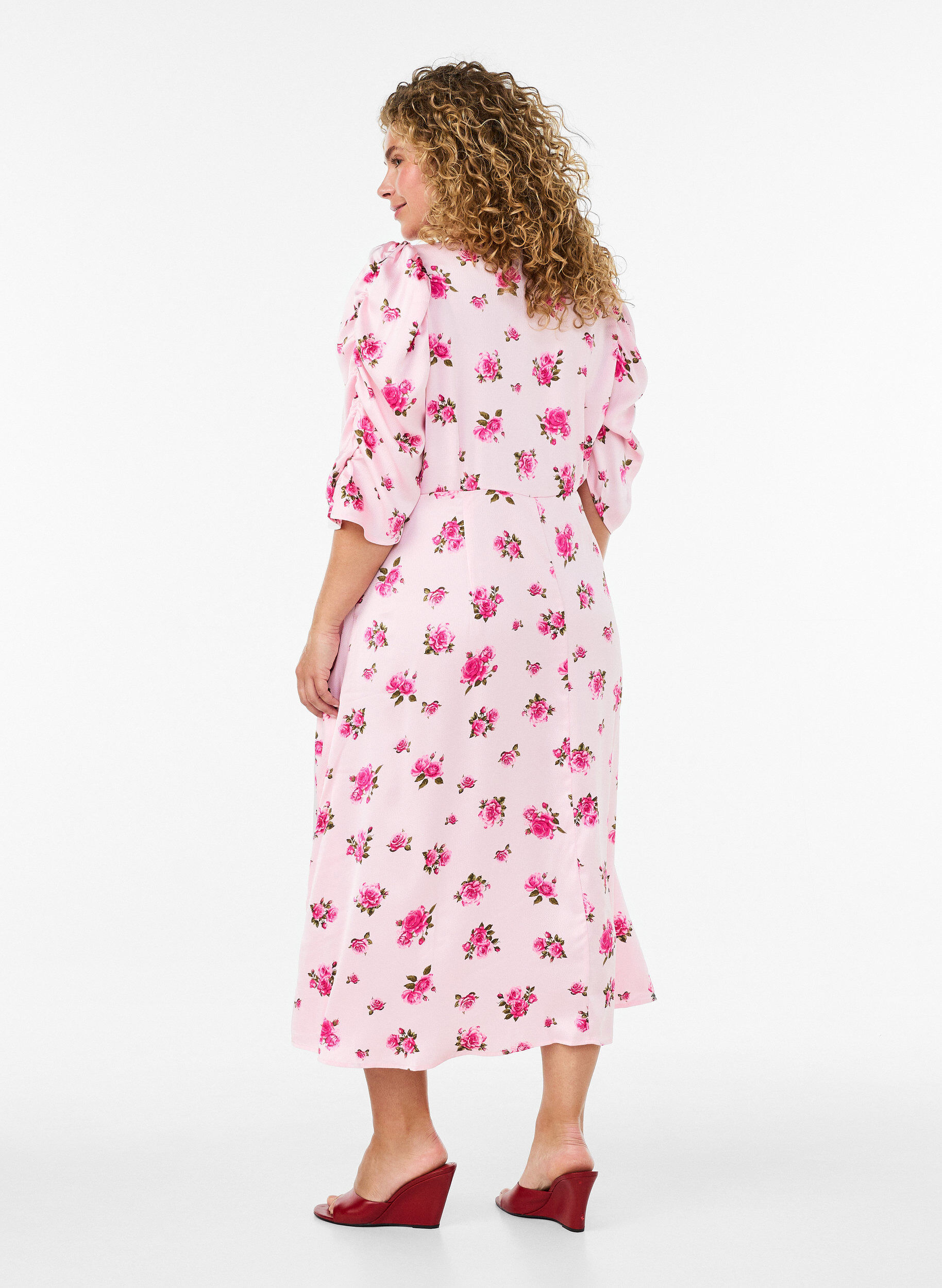 ZizzifashionFloral midi dress with puff sleeves, Pink, Model image number 1