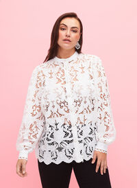Long-sleeved lace shirt blouse, White, Model