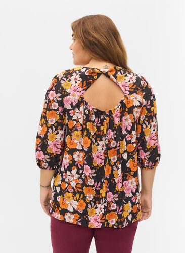 Floral viscose blouse with a back cut-out, Black Flower AOP, Model image number 1