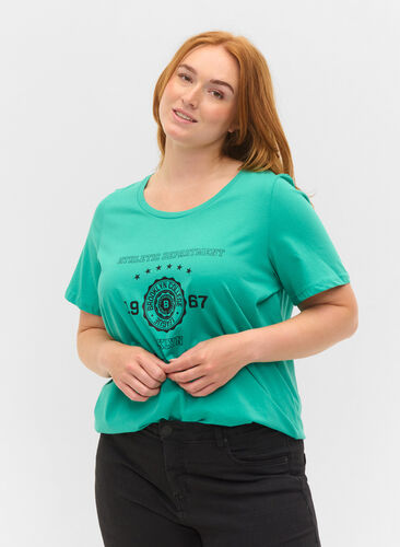 Short-sleeved cotton t-shirt with print, Sea Green, Model image number 0