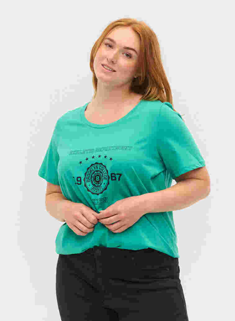 Short-sleeved cotton t-shirt with print, Sea Green, Model