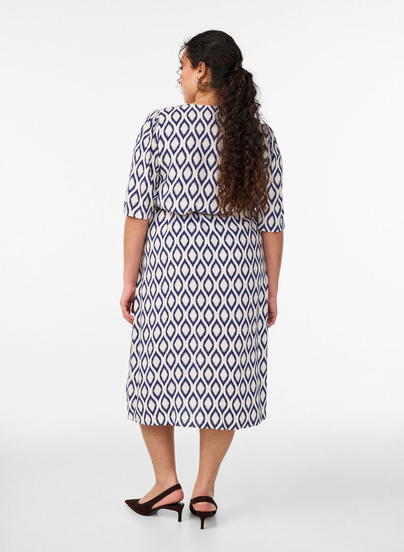 Midi dress with print and tie belt, Vanilla, Model image number 1