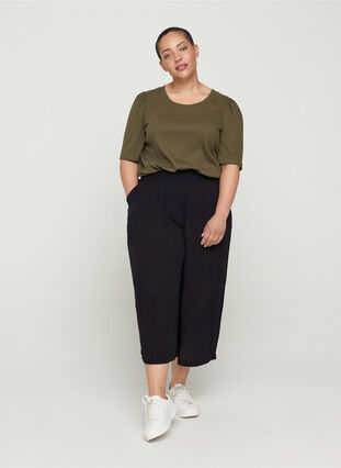 Rib t-shirt with short puff sleeves, Ivy Green, Model image number 2