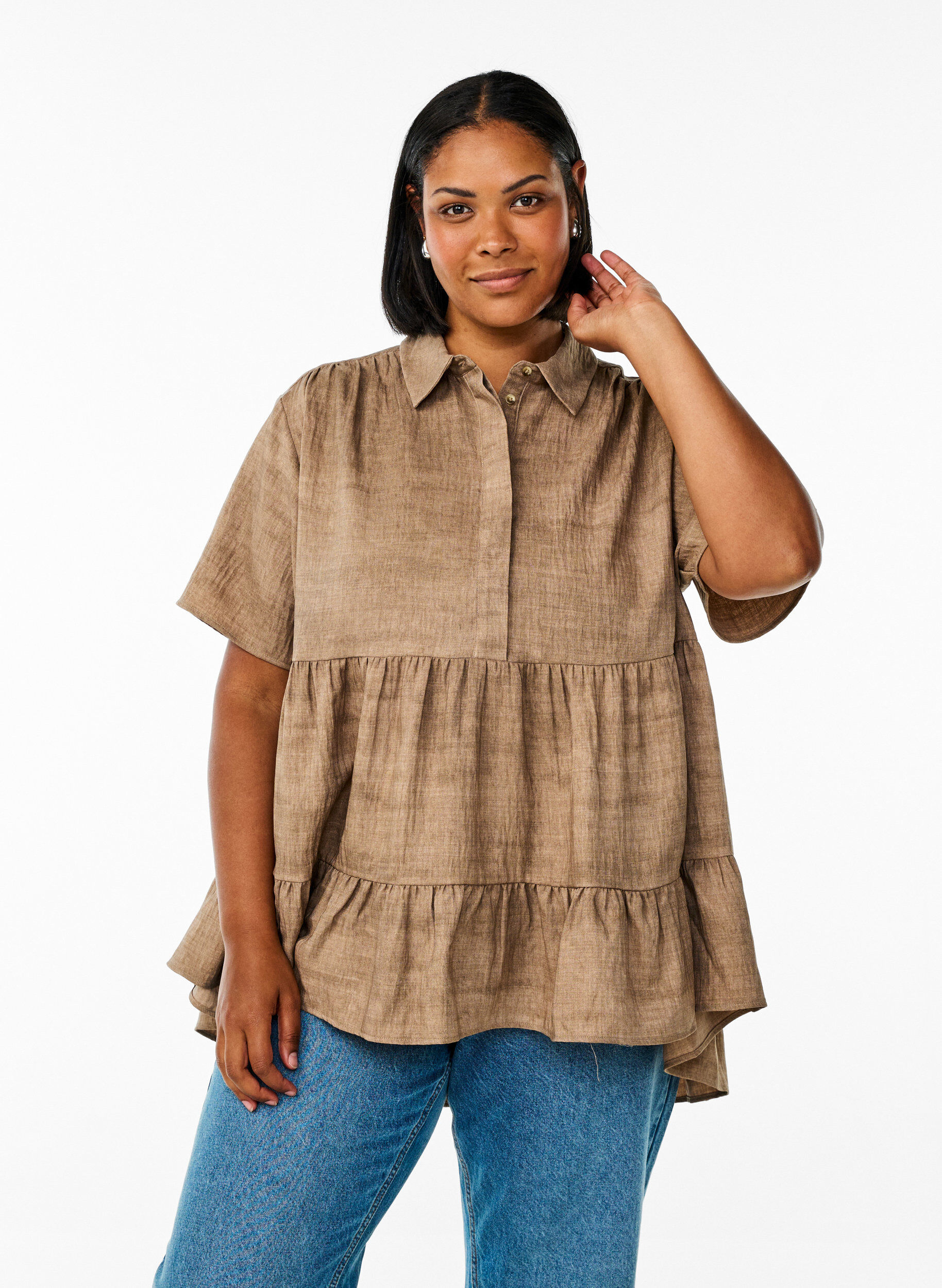 Zizzifashion Loose blouse with collar and buttons, Brown, Model image number 0