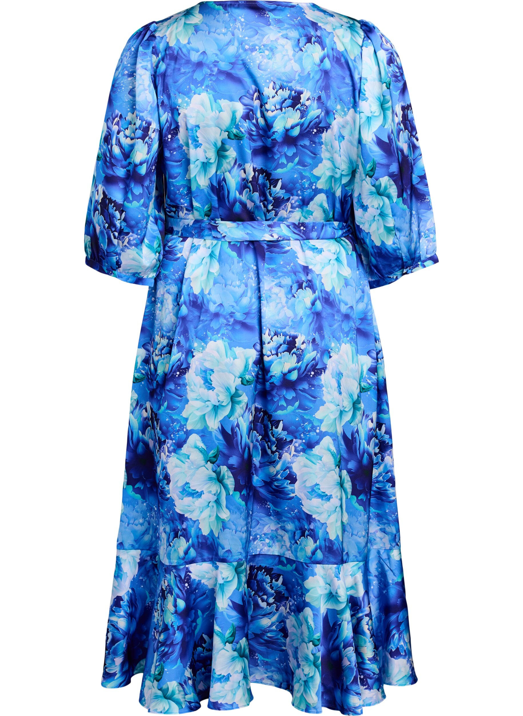 Zizzifashion Floral wrap dress with 3/4 sleeves, Blue, Packshot image number 1