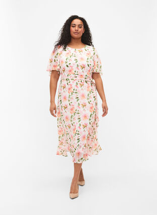 Short sleeve midi dress with floral print, White w. Pink Flower, Model image number 0