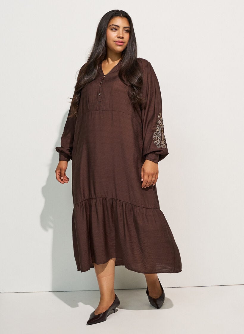 Viscose dress with embroidery and tiered ruffles, Brown, Model image number 0