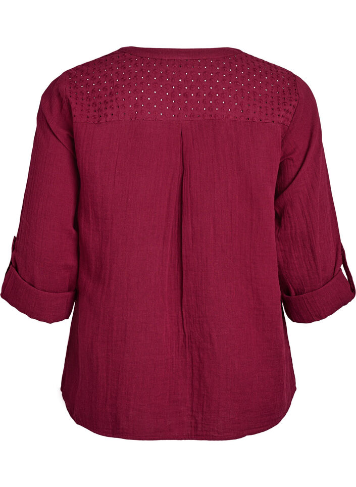 Blouse in cotton muslin with broderie anglaise, Dark Bordeaux, Packshot image number 1