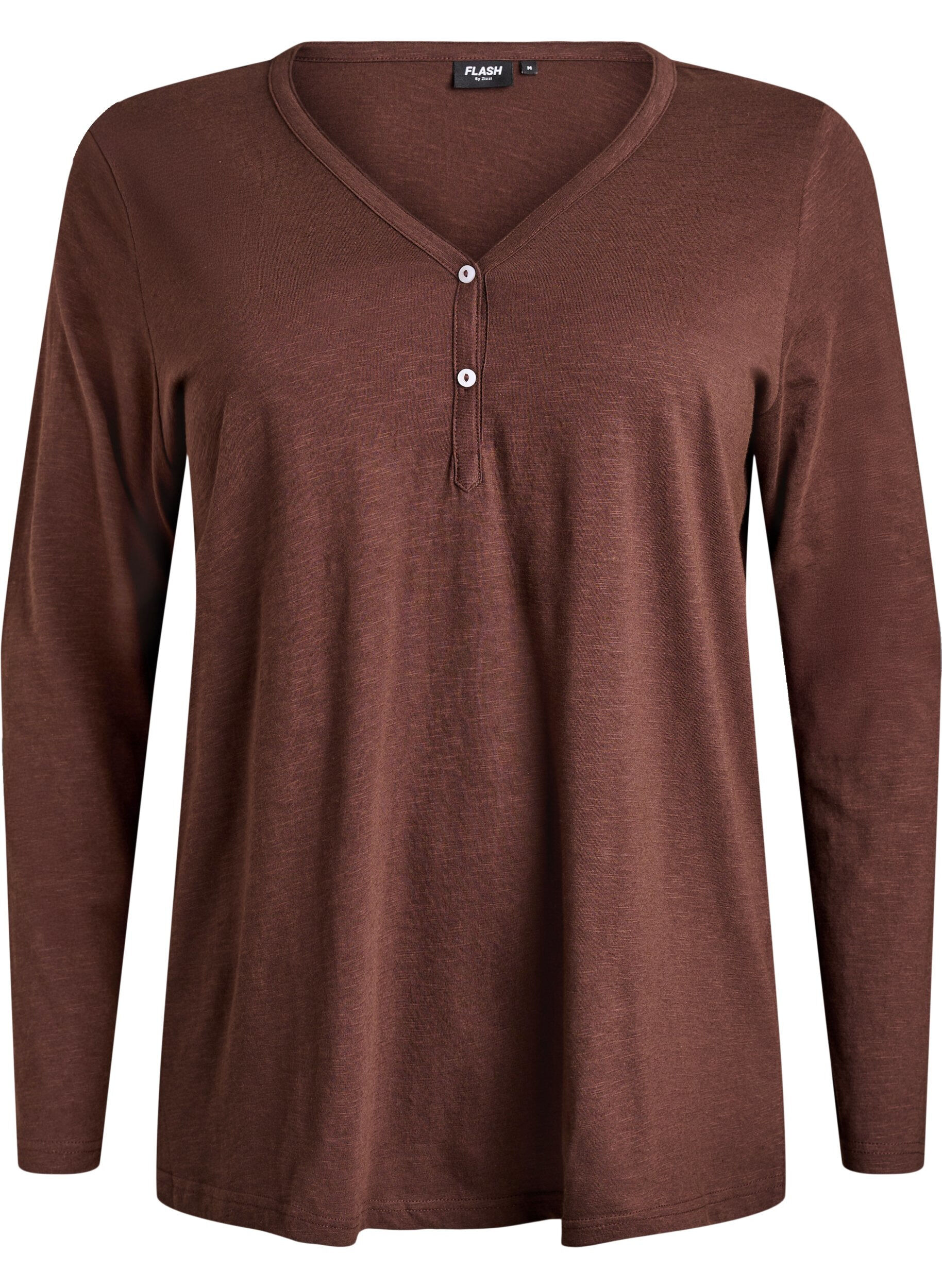 Zizzifashion Long-sleeved t-shirt with V-neck and buttons, Brown, Packshot image number 0
