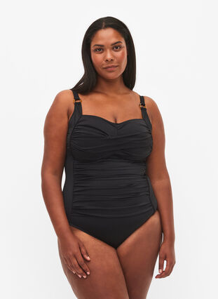 Quilted swimsuit with drapes, Black, Model image number 0