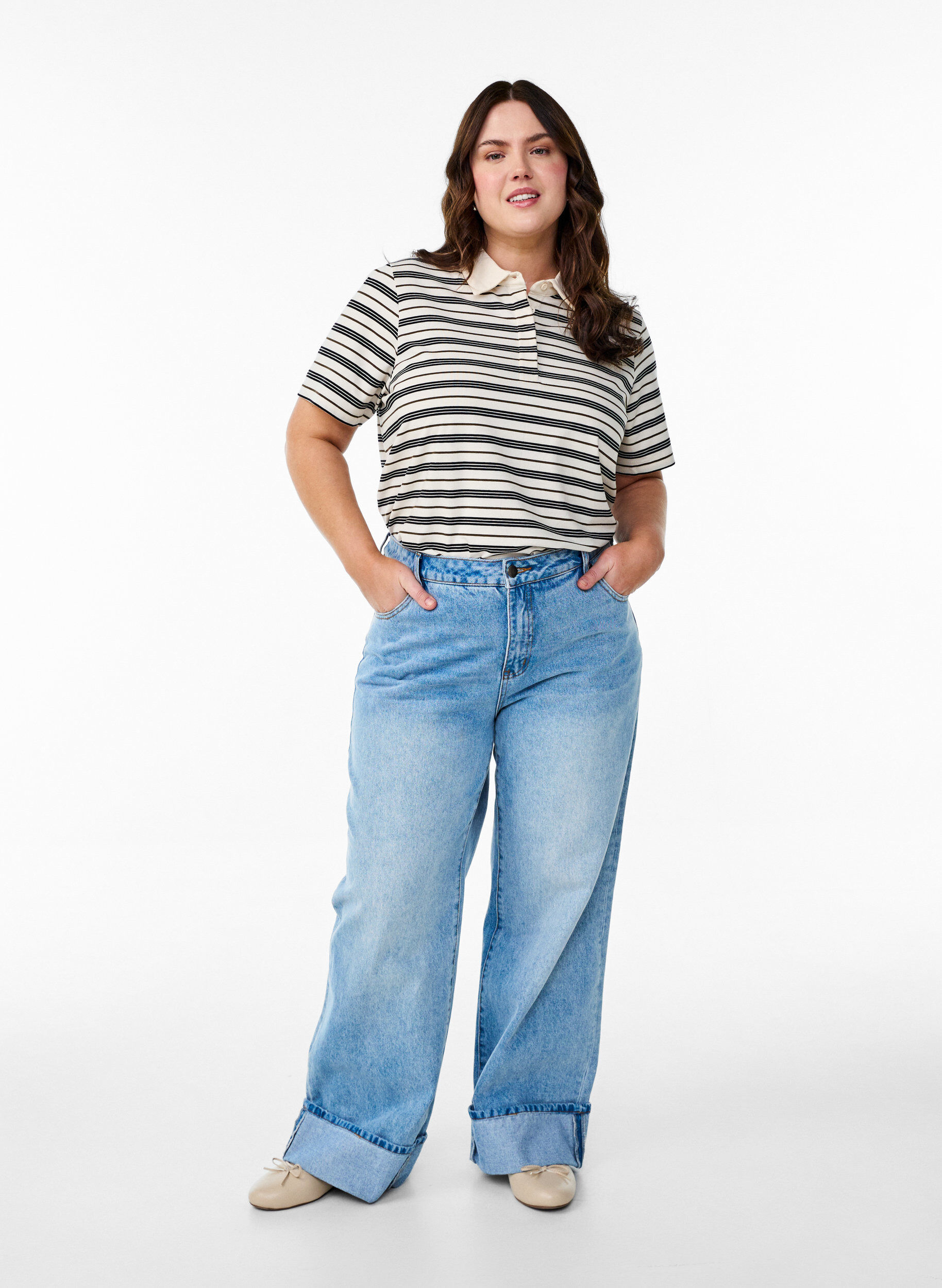 Zizzifashion Striped polo shirt with short sleeves, White, Model image number 1