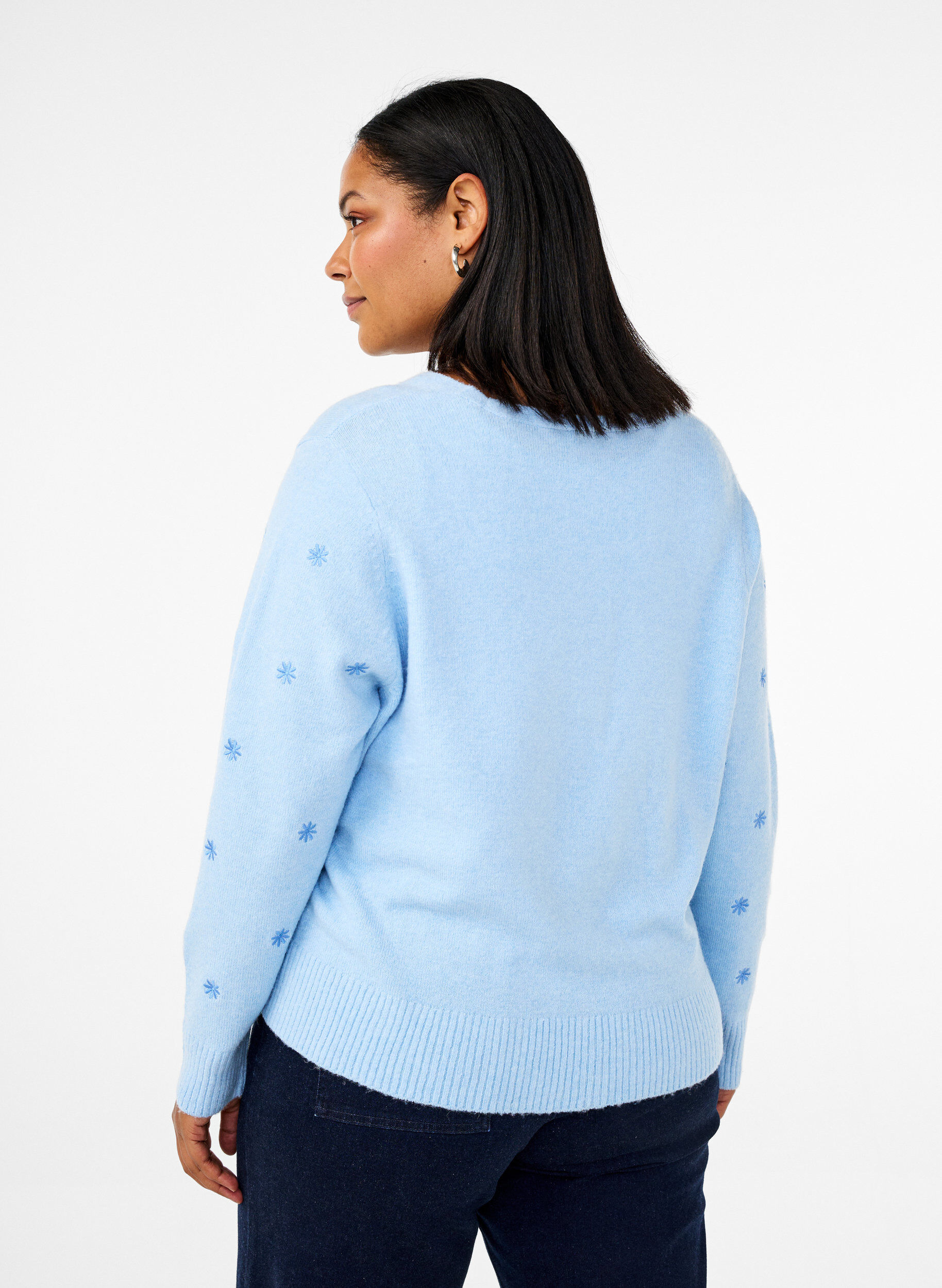 Zizzifashion Knitted cardigan with tie details and embroidery, Cashmere Blue Comb, Model image number 1