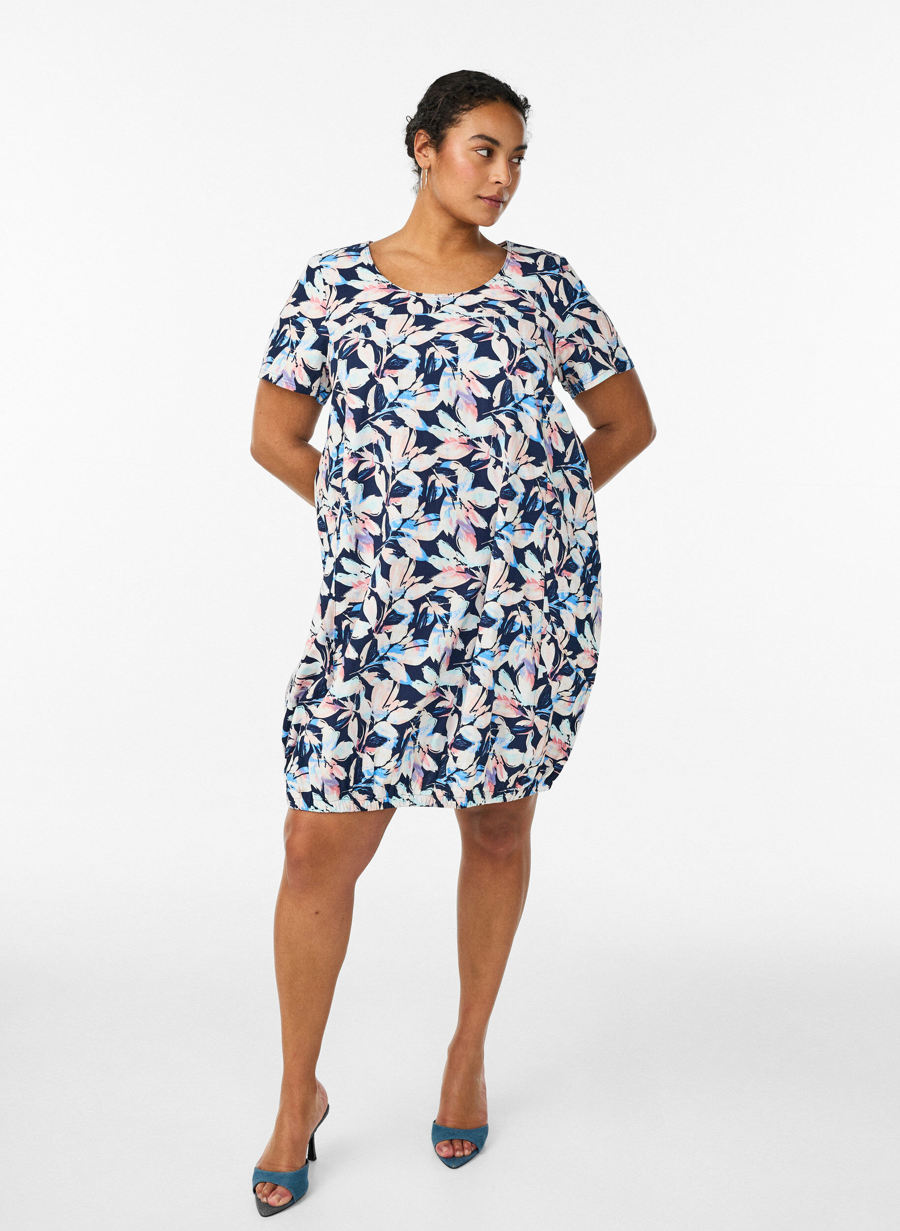 ZizzifashionShort-sleeved cotton dress with print, Blue, Model image number 1