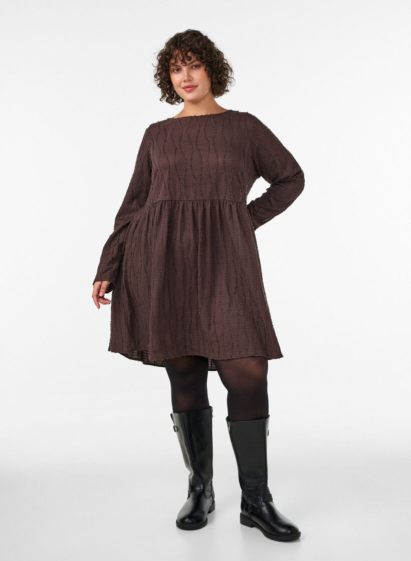 Short jersey dress with a wavy textured pattern, Brown, Model image number 1