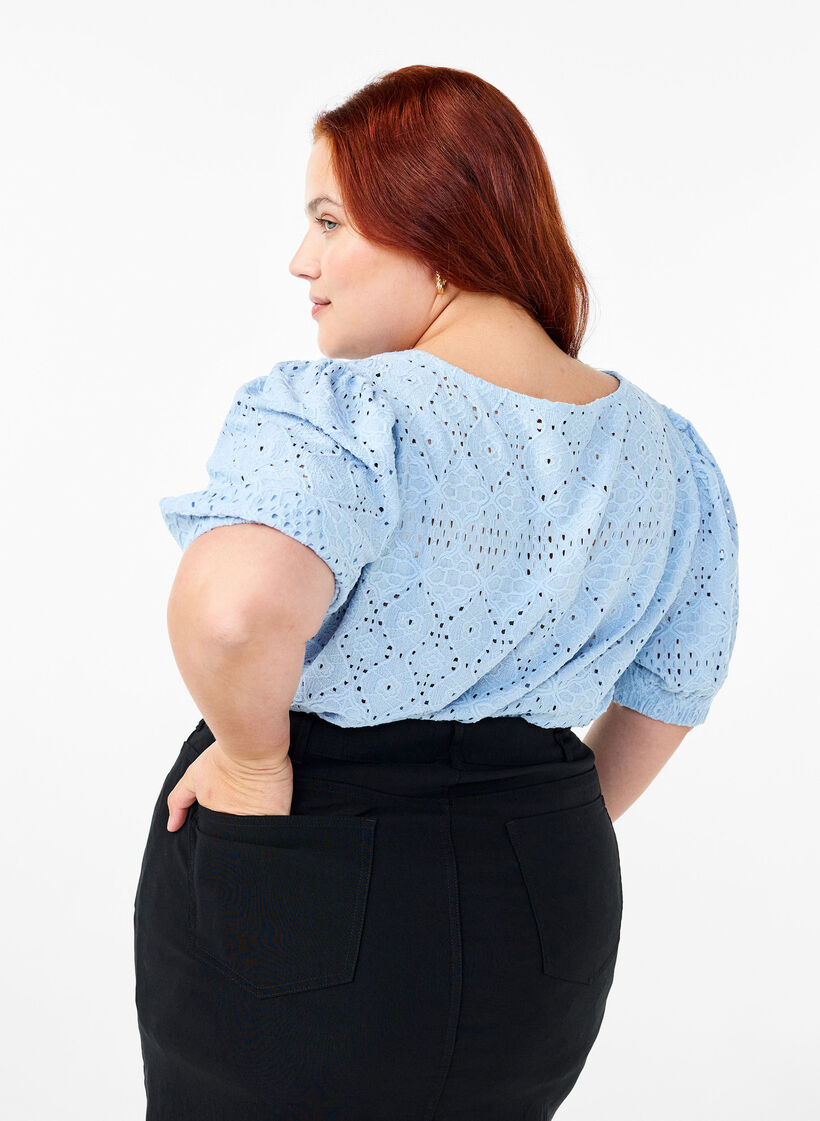 Short-sleeved blouse with lace pattern, Cashmere Blue, Model image number 1