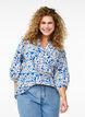 3/4 sleeve cotton blouse with flowers, Blue, Model image number 0