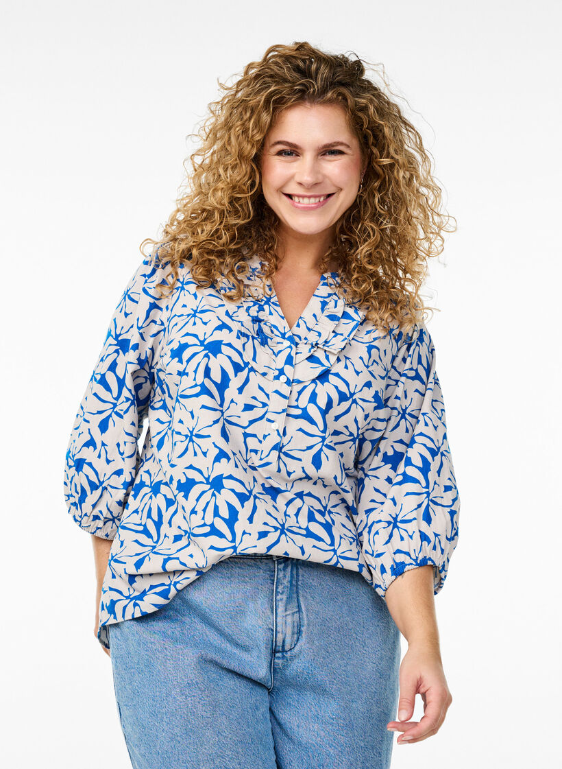 3/4 sleeve cotton blouse with flowers, Blue, Model image number 0