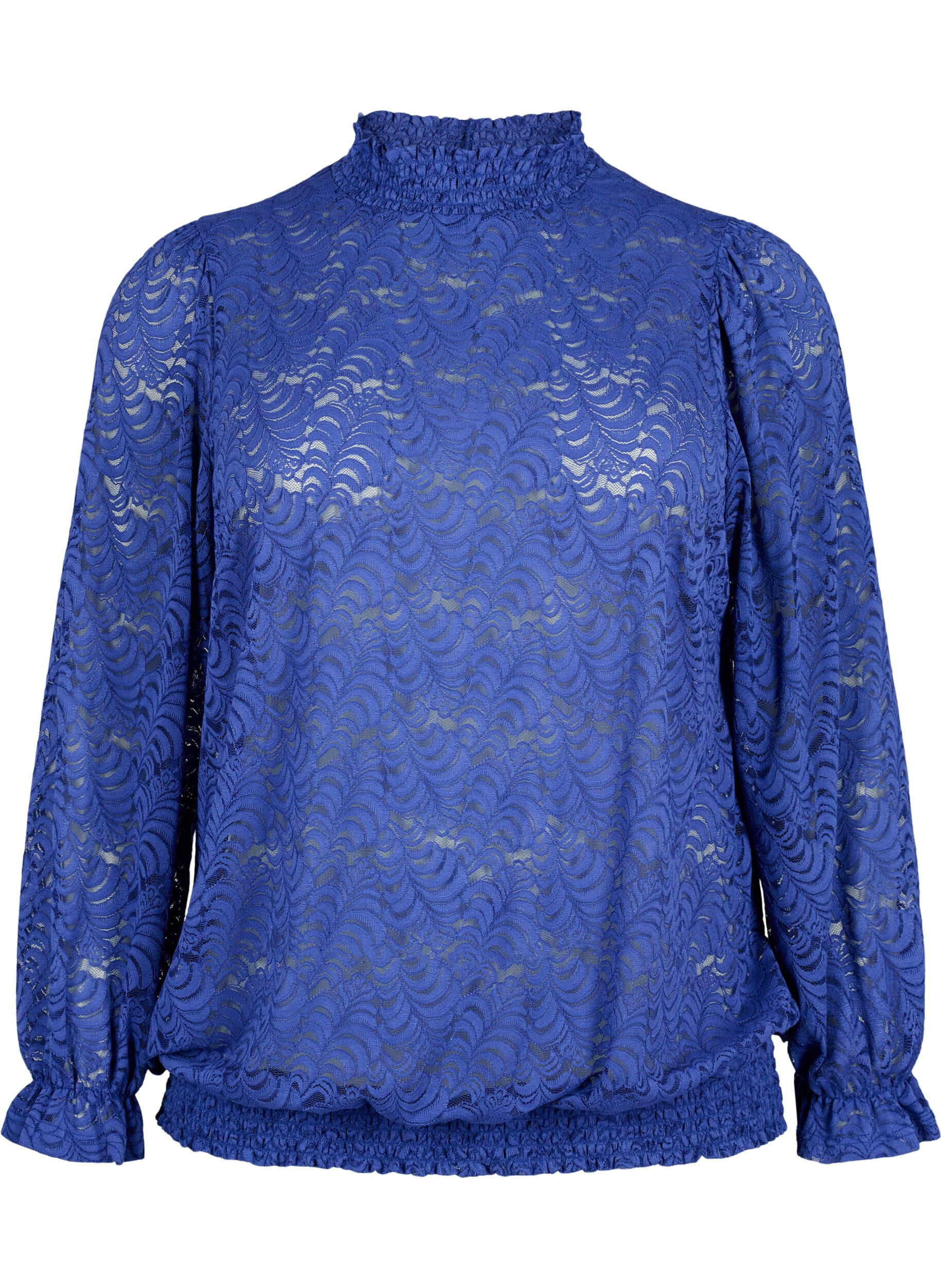 Zizzifashion Long-sleeved lace blouse with smock, Deep Ultramarine, Packshot image number 0