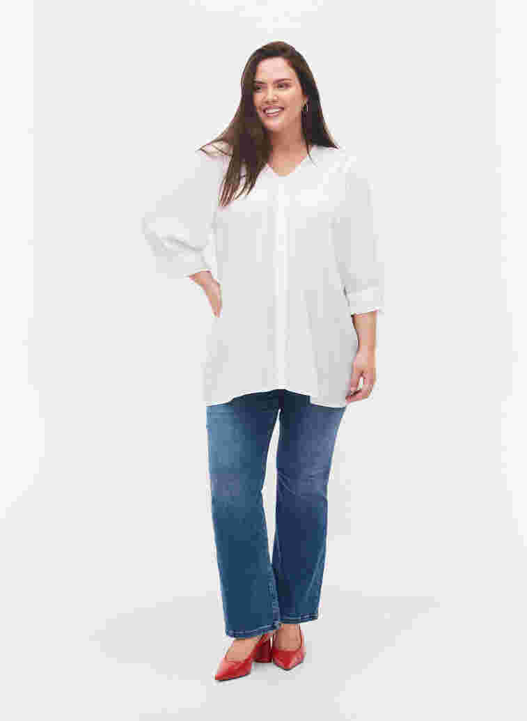 Viscose blouse with 3/4 sleeves and ruffle details, Bright White, Model image number 2