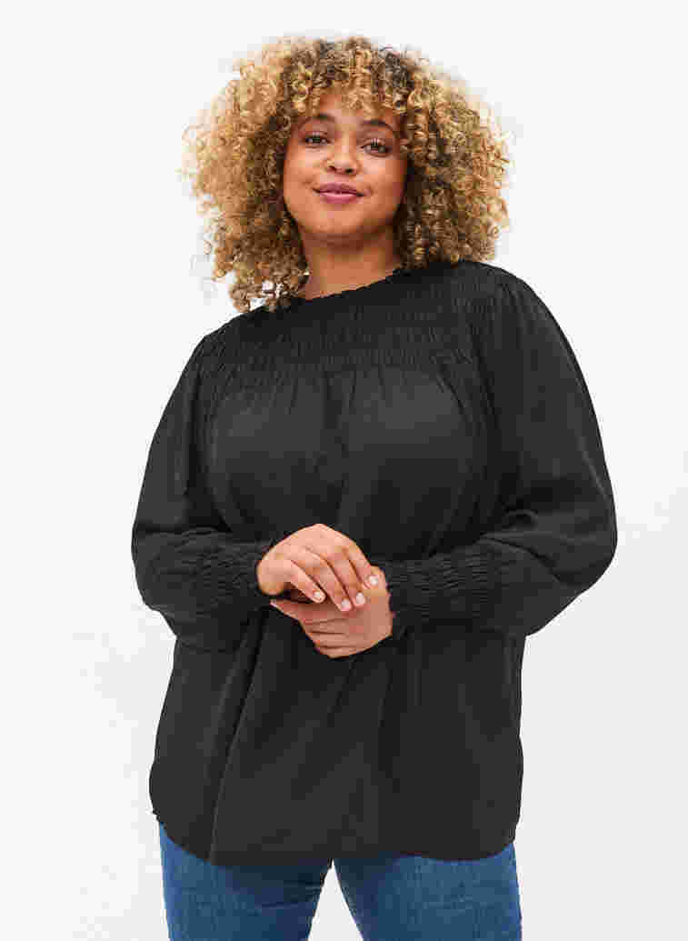 Long-sleeved blouse with smocking, Black, Model image number 0