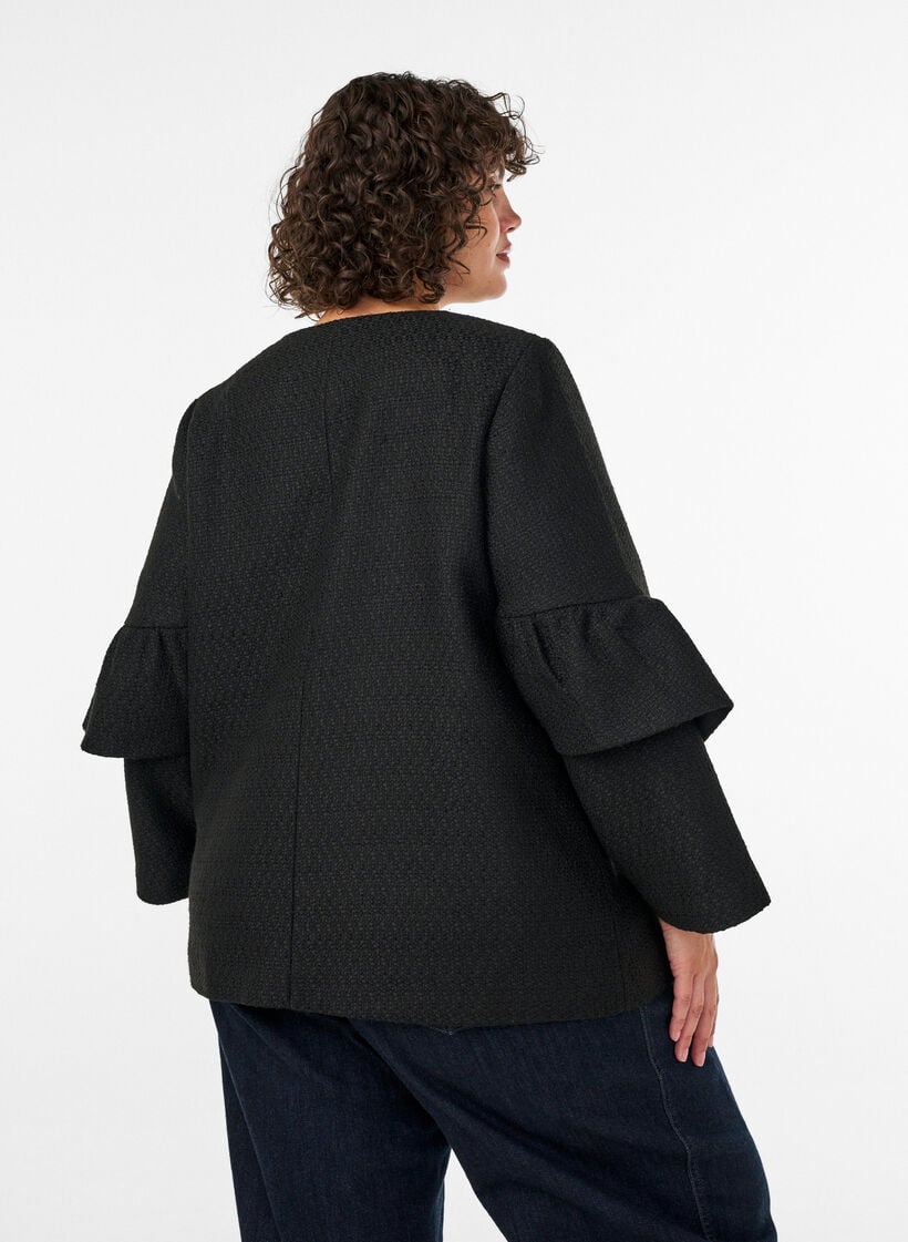 Boucl&eacute; jacket with ruffle details, Black, Model image number 2