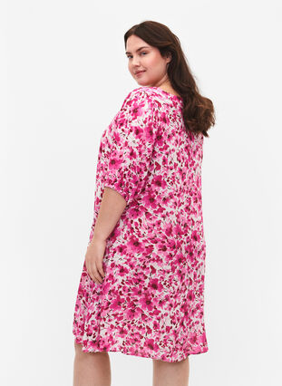 Floral viscose dress with a-shape, Pink Flower Rain, Model image number 1