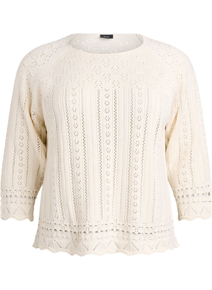 Knitted top with eyelet embroidery and 3/4 sleeves, Beige, Packshot image number 0