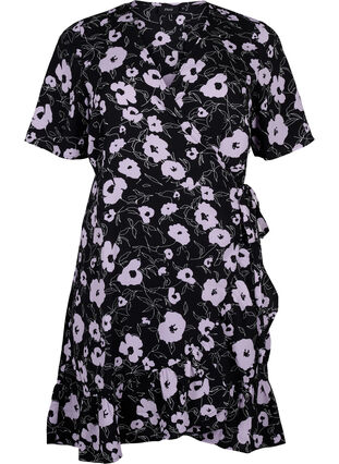 Printed wrap dress with short sleeves, Black Flower AOP, Packshot image number 0