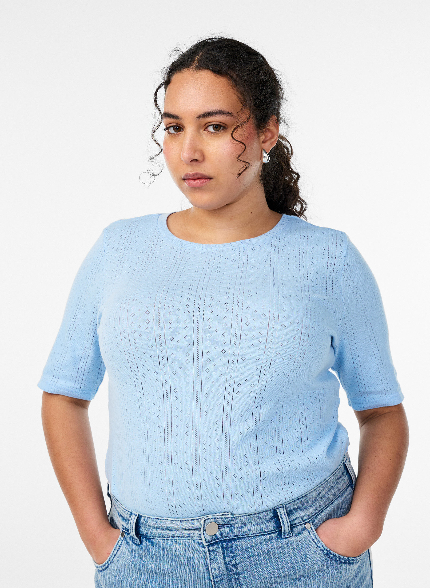 Zizzifashion Cotton T-shirt with eyelet embroidery, Light Blue, Model image number 0