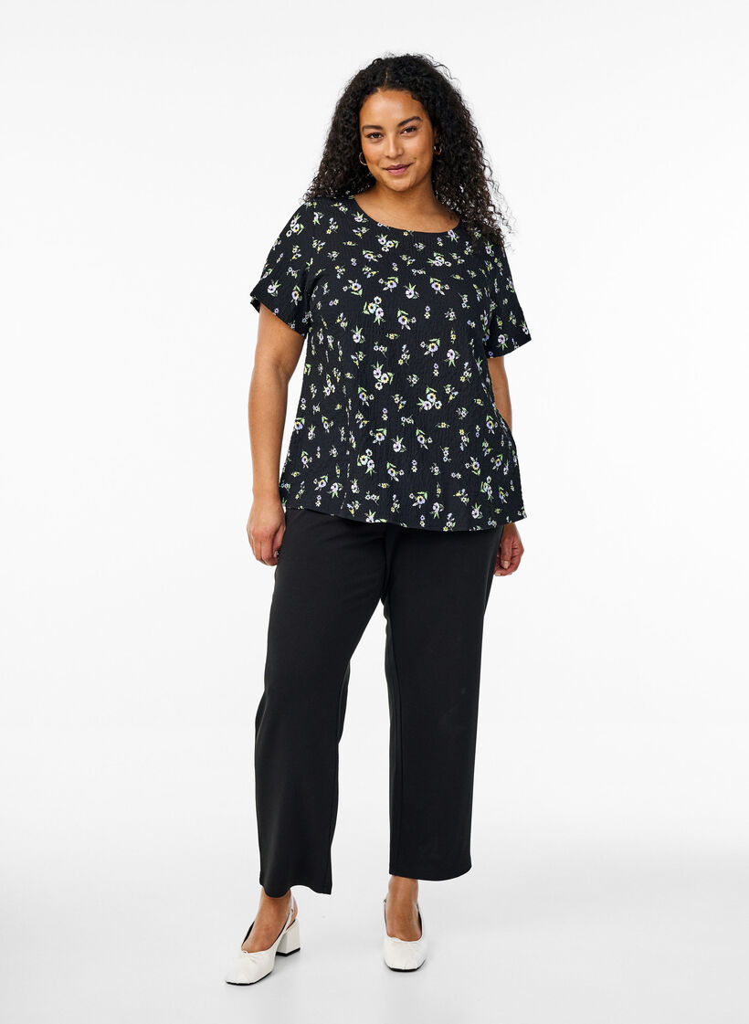 Short-sleeved blouse with texture, Black, Model image number 1