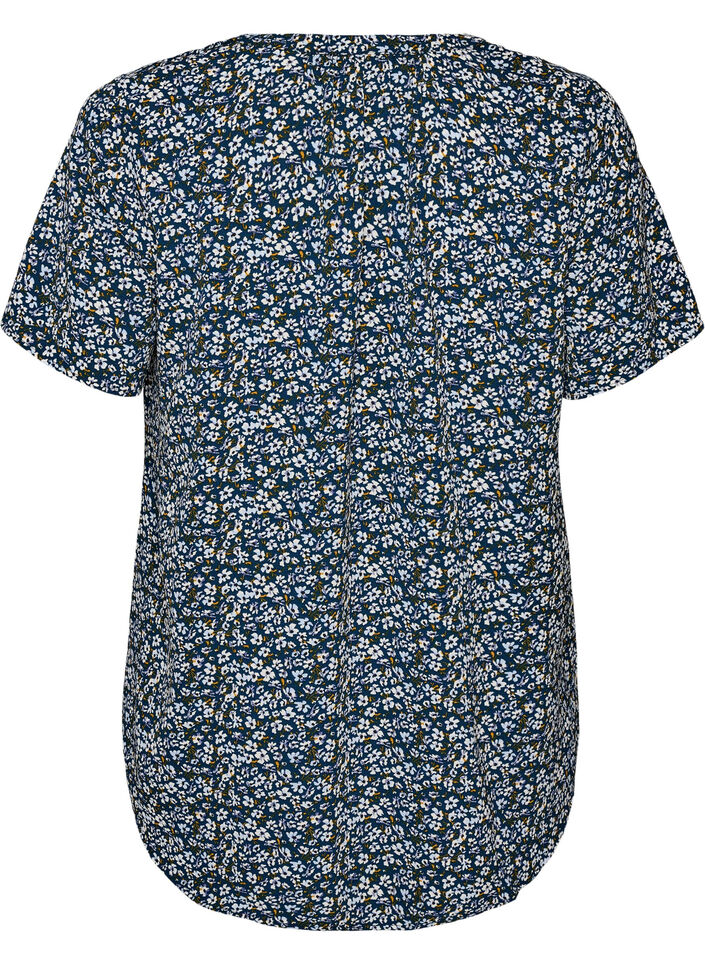 Blouse with short sleeves and v-neck, Blue, Packshot image number 1
