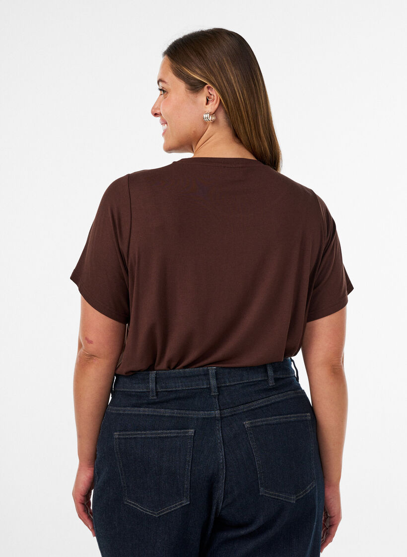 Viscose T-shirt with rhinestones, Brown, Model image number 2