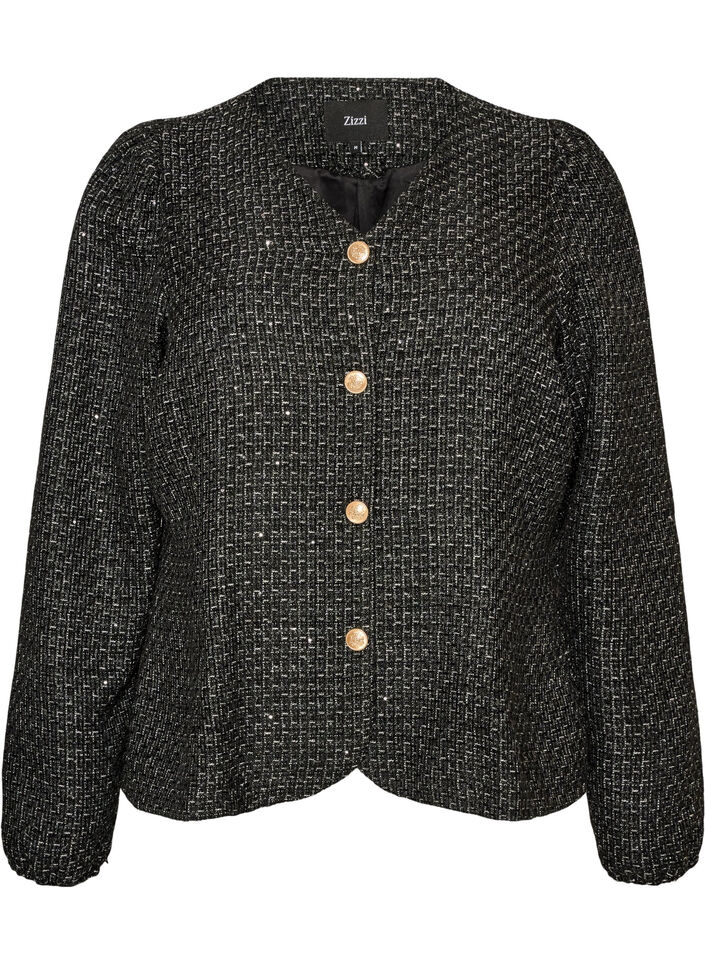 Boucl&eacute; jacket with sequins and decorative buttons, Black, Packshot image number 0
