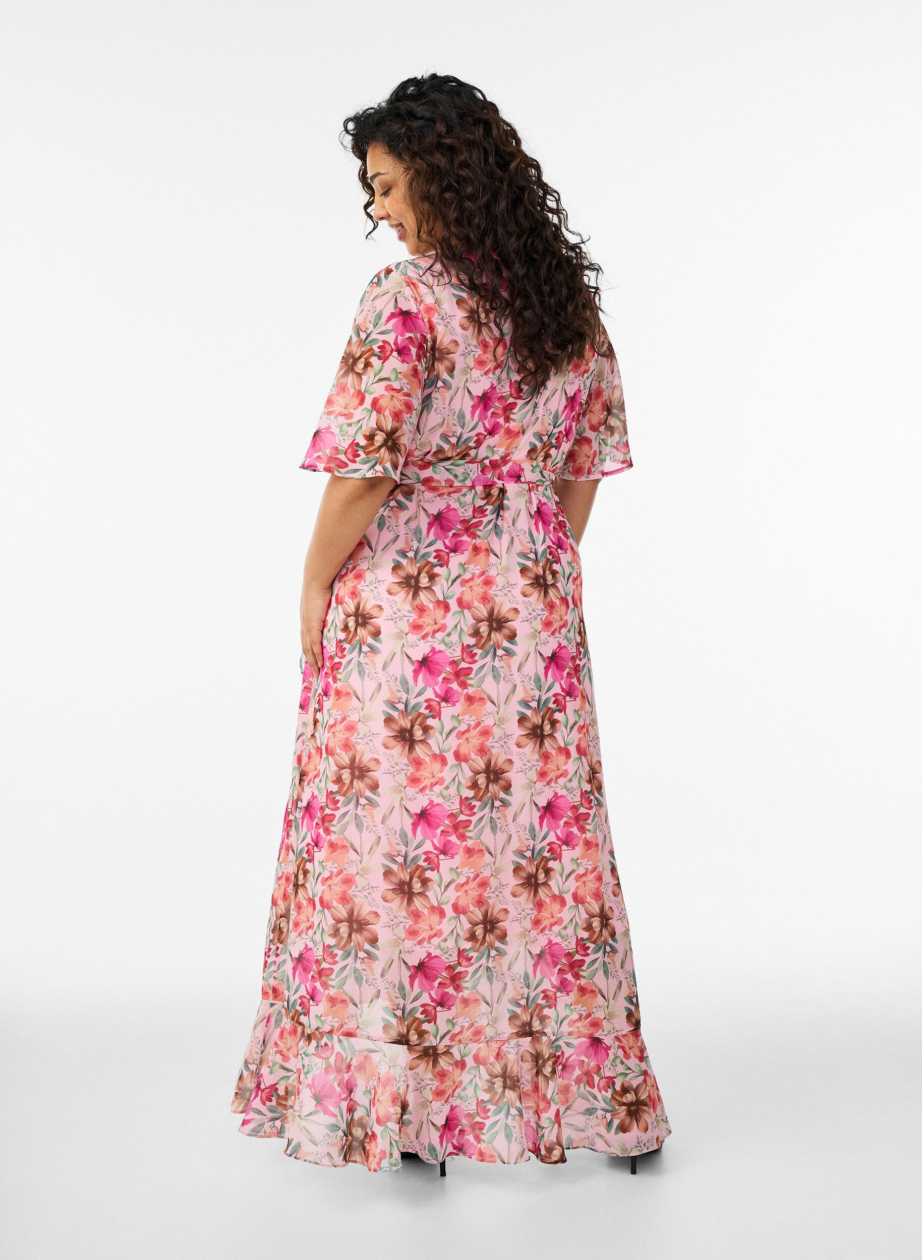 Zizzifashion Chiffon maxi dress with a V-neck and ruffle hem, Rose, Model image number 1