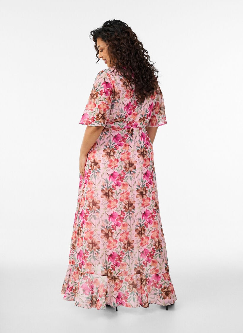 Chiffon maxi dress with a V-neck and ruffle hem, Rose, Model image number 1