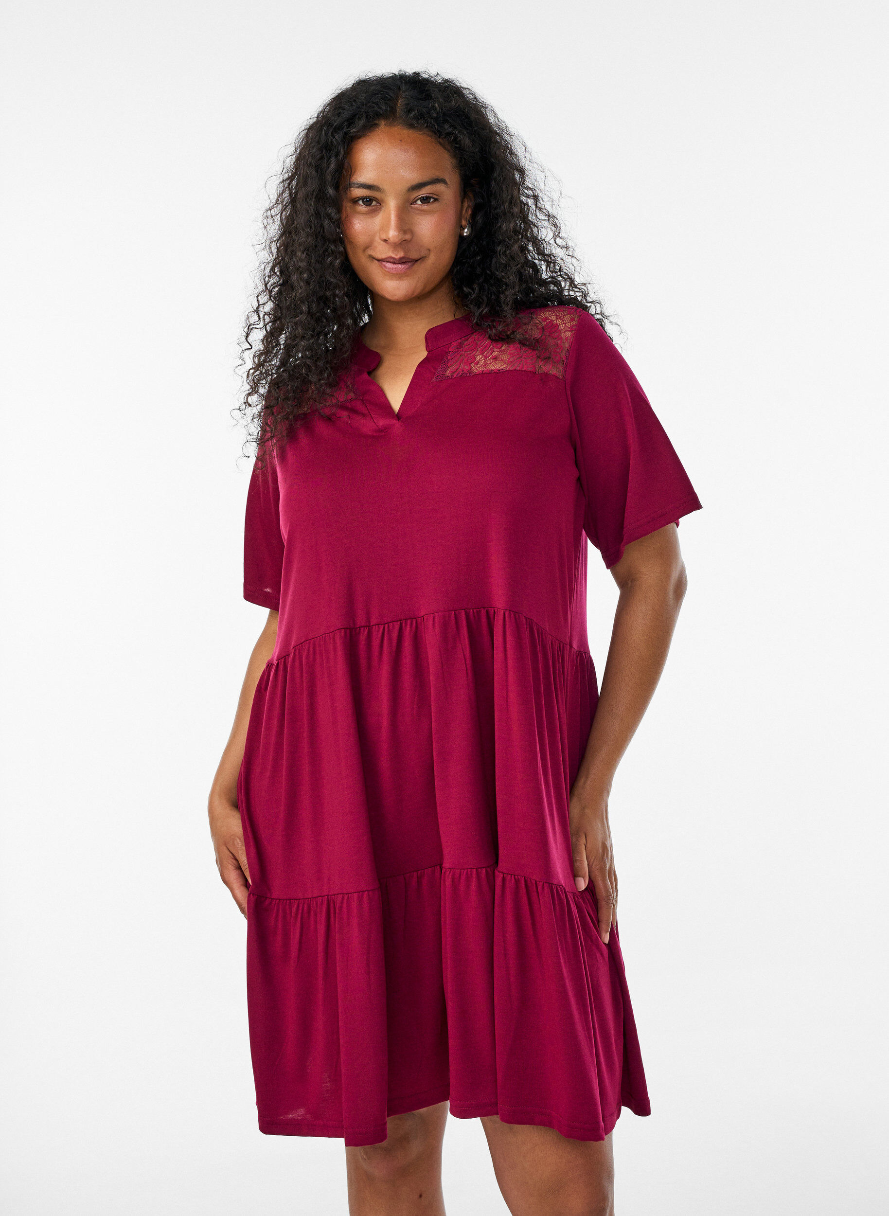 ZizzifashionJersey dress with lace details and a layered skirt, Red, Model image number 0