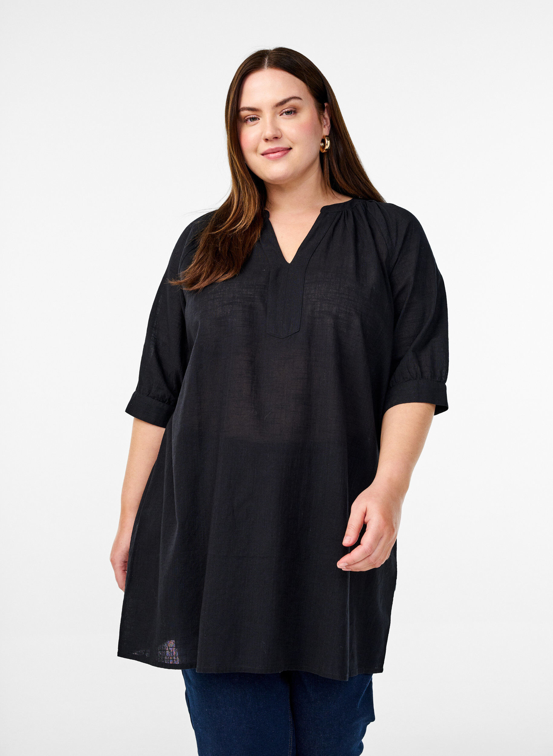 Zizzifashion Cotton tunic with a V-neck, Black, Model image number 0