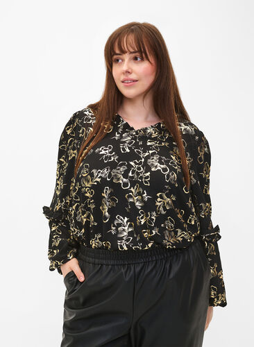 Long-sleeved blouse with frills and foil print, Black Foil AOP, Model image number 0